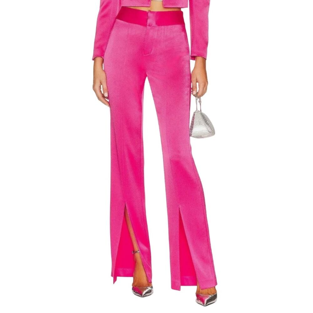 Alice + Olivia 4 Jody High Waisted Front Slit Satin Trouser Pant Wide Leg Pink - Picture 1 of 10